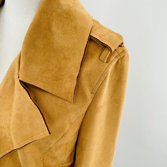 Ookie & LaLa Tan Scuba Suede Open Front Neutral Layer Mid Length Jacket L - Picture 8 of 12